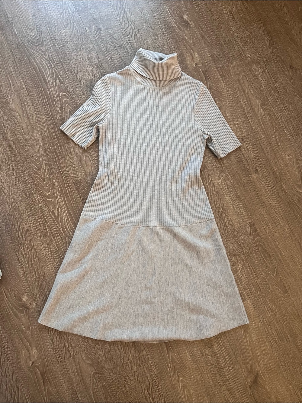 Theory Light Gray Ribbed Turtleneck Midi Dress